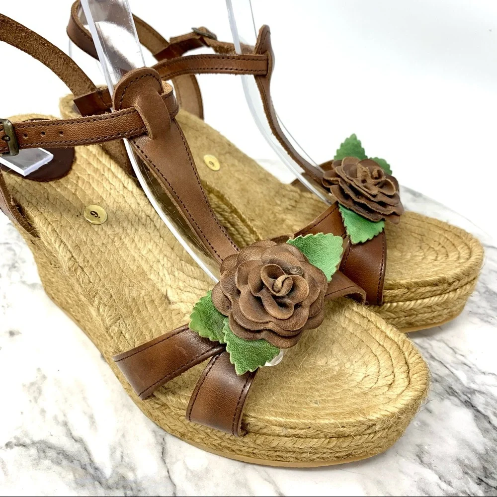 Andrea Assous Brown Leather Flower T-Strap Espadrille Wedges 9 Cottagecore